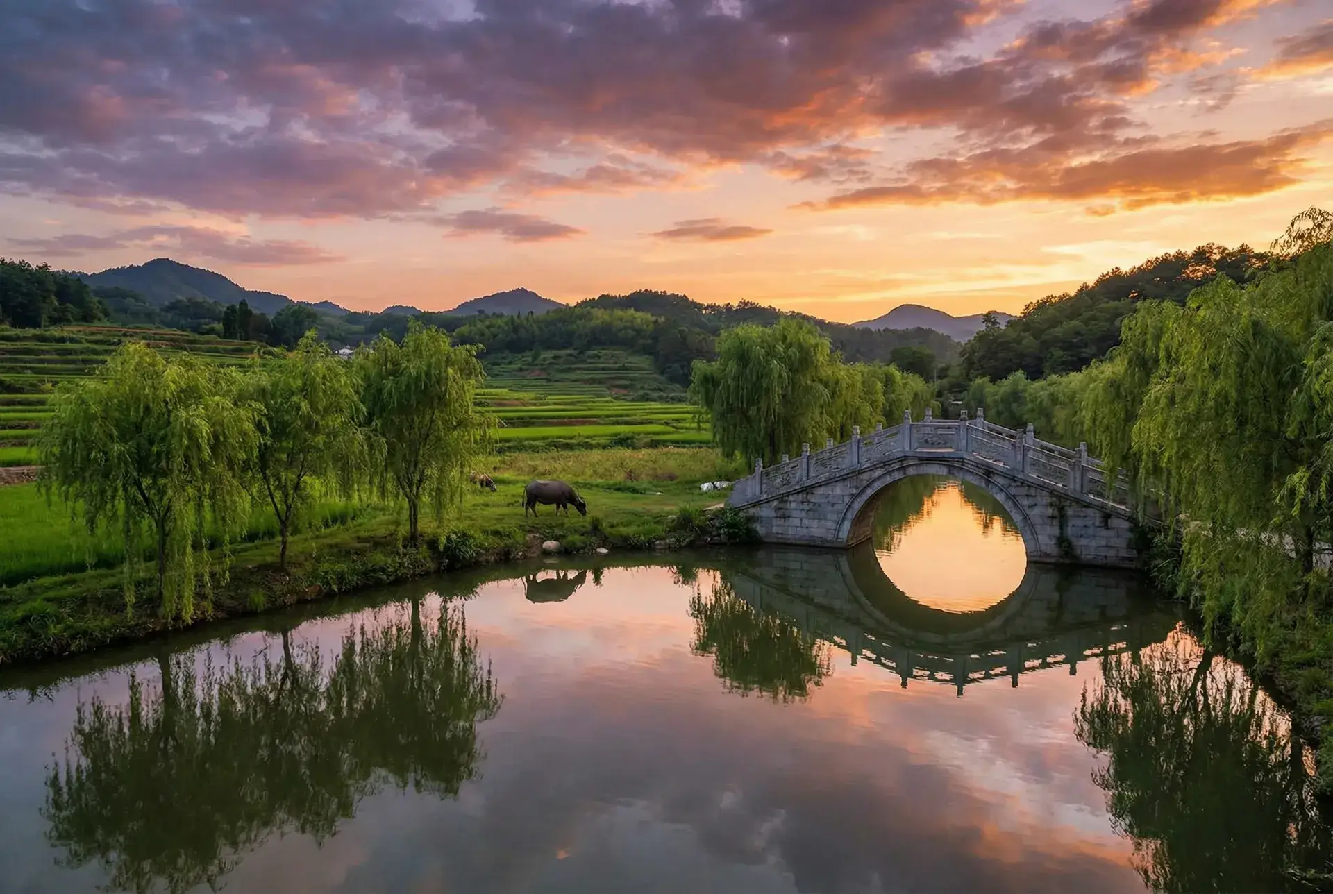 夕阳下的石拱桥与垂柳，水牛在河边吃草 - 网址大全7x7x7x7免费 乡村美景